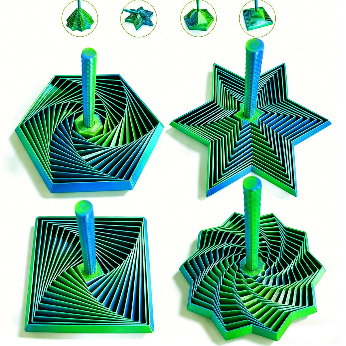 4PCS 3D Printed Fidget Toys for Adults – Multi-Layer Geometric Shapes with Handle, ASMR Clicking Sound, Stress Relief Toy for Anxiety & Focus (Gold+Green+Blue)