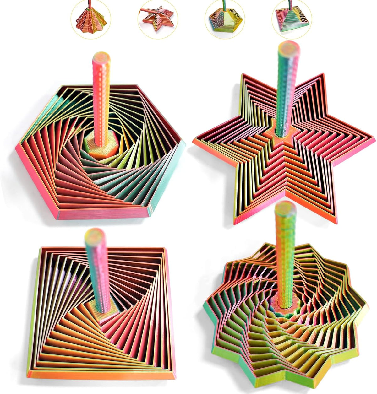 4PCS 3D Printed Fidget Toys for Adults – Multi-Layer Geometric Shapes with Handle, ASMR Clicking Sound, Stress Relief Toy for Anxiety & Focus (Gold, Green, Purple, Rainbow Finish)