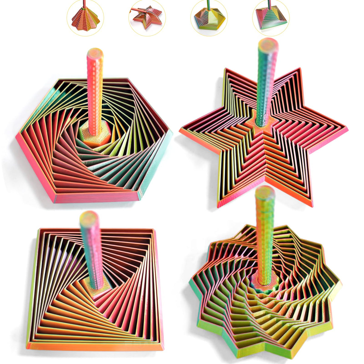 4PCS 3D Printed Fidget Toys for Adults – Multi-Layer Geometric Shapes with Handle, ASMR Clicking Sound, Stress Relief Toy for Anxiety & Focus (Gold+Green+Blue)