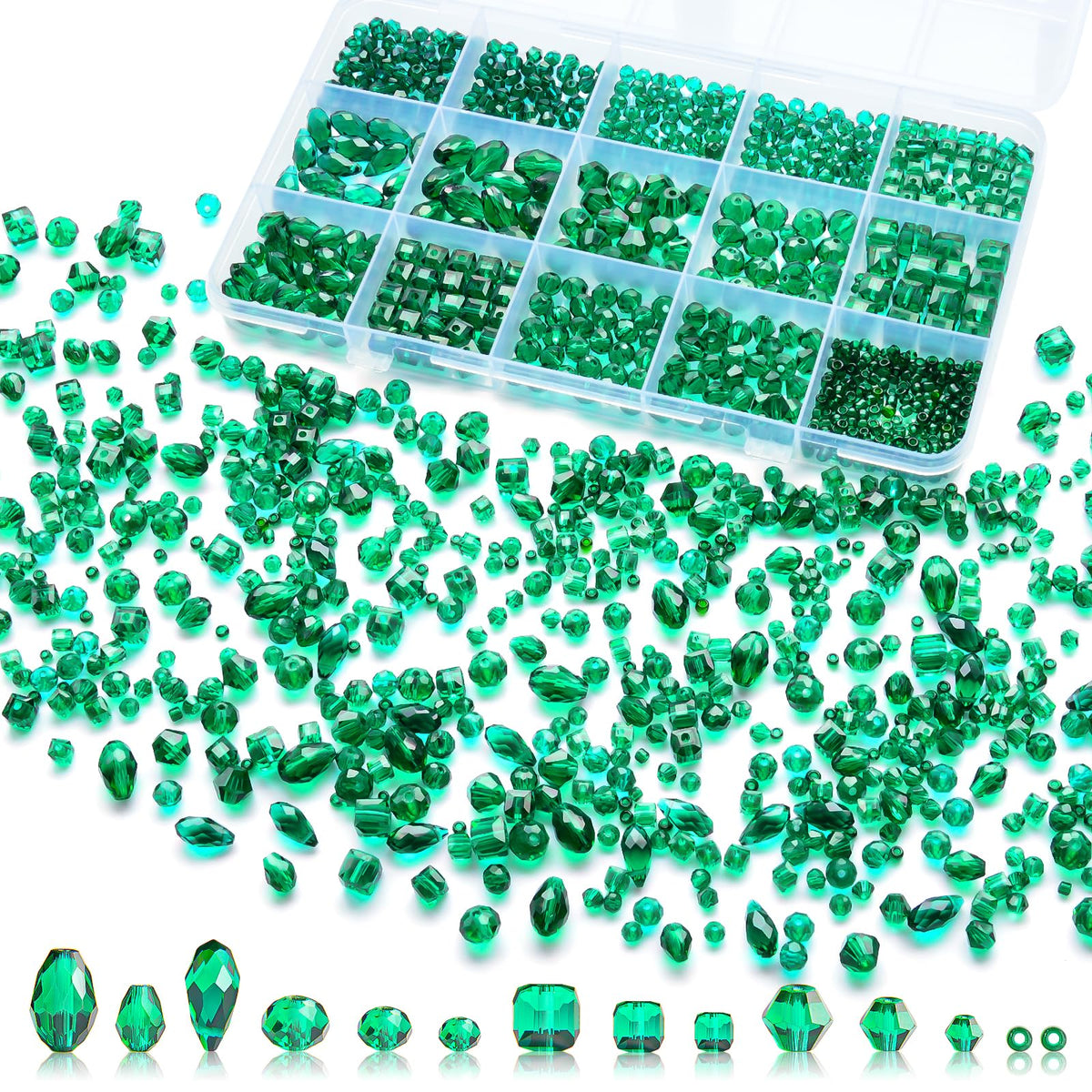 1500 Pcs Crystal Glass Beads for Jewelry Making – 12 Styles Bicone, Rondelle, Cube, Teardrop & 3mm Spacer Beads, DIY Bracelet Necklace Earring Craft Kit with Organizer Box(AB Color)