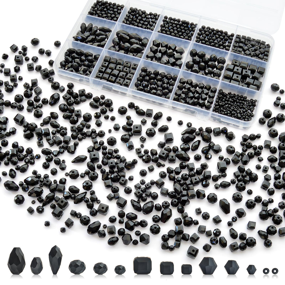 1500 Pcs Crystal Glass Beads for Jewelry Making – 12 Styles Bicone, Rondelle, Cube, Teardrop & 3mm Spacer Beads, DIY Bracelet Necklace Earring Craft Kit with Organizer Box(AB Color)