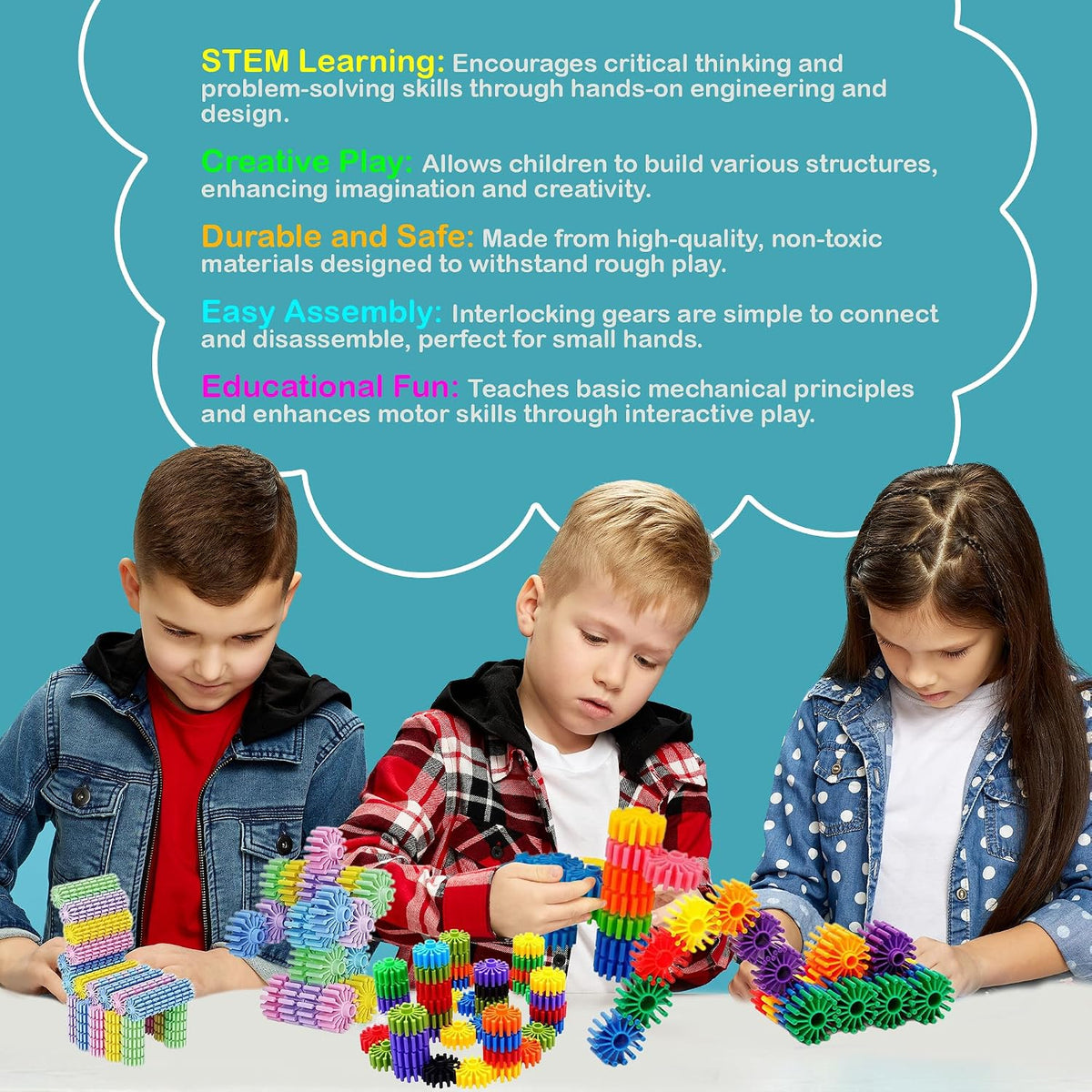 STEM Building Blocks Toys for Kids – Educational and Safe Gear Interlocking Construction Playset – Develop Creativity Preschool Brain Teaser Montessori Toys Gift for 3 4 5 Years Old Kids Boys Girls