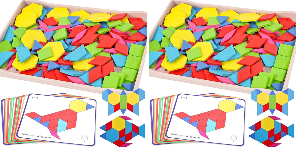 3 Otters 150Pcs Wooden Pattern Blocks Set, Geometric Tangram Shapes