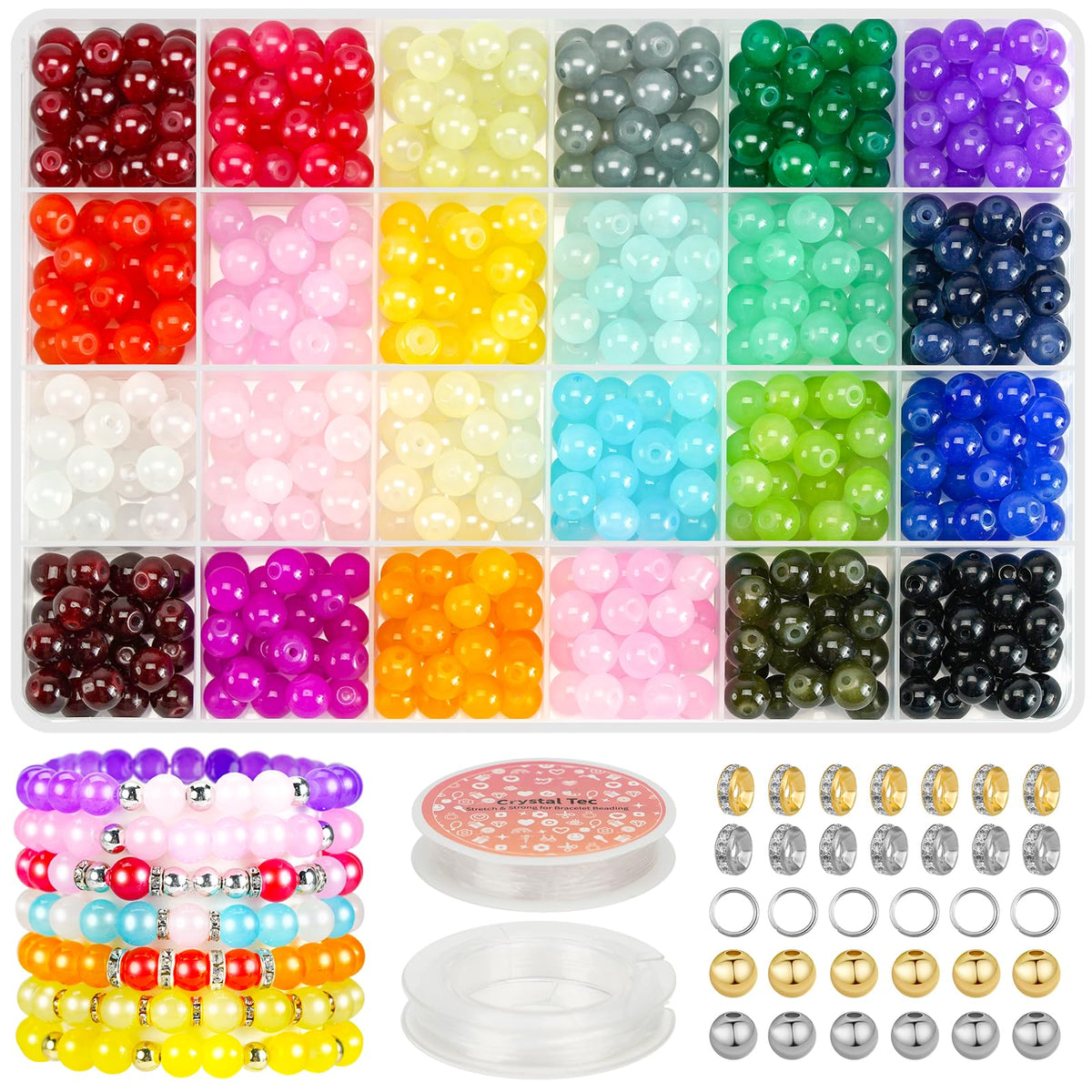 6mm Glass Beads Bracelet Making Kit 1400pcs, 24 Colors Crystal Beads for Jewelry Making Round Beads DIY Crafts with Spacer Beads Charms Accessories