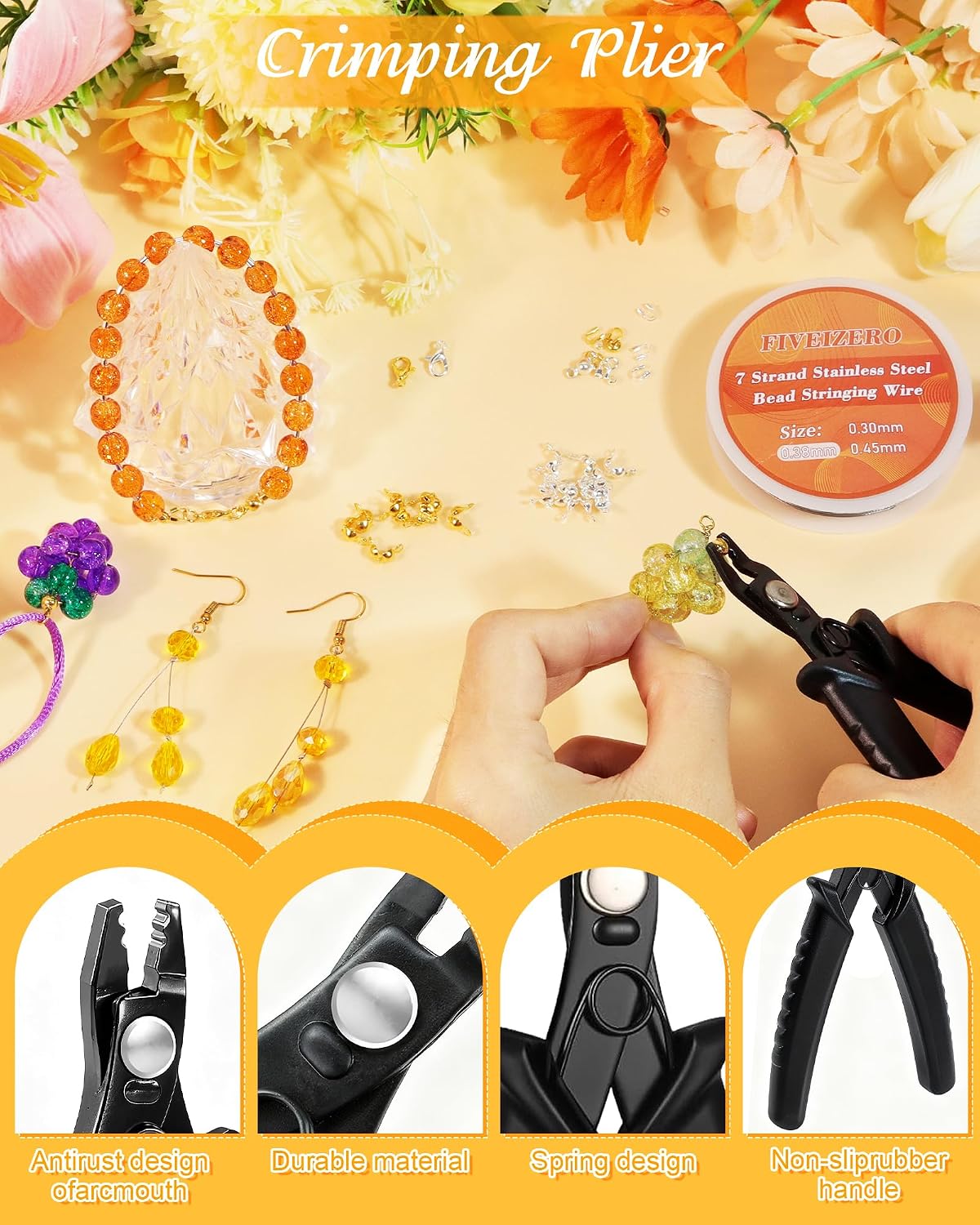 FIVEIZERO 1950 Pcs Jewelry Making Cord End Kit,Crimp Tube Beads with Organizer Box,Includes Crimp Beads, Cover, Lobster Clasp,Jump Ring,Wire Guardians,Crimping Pliers & Beading Wire for Bracelets