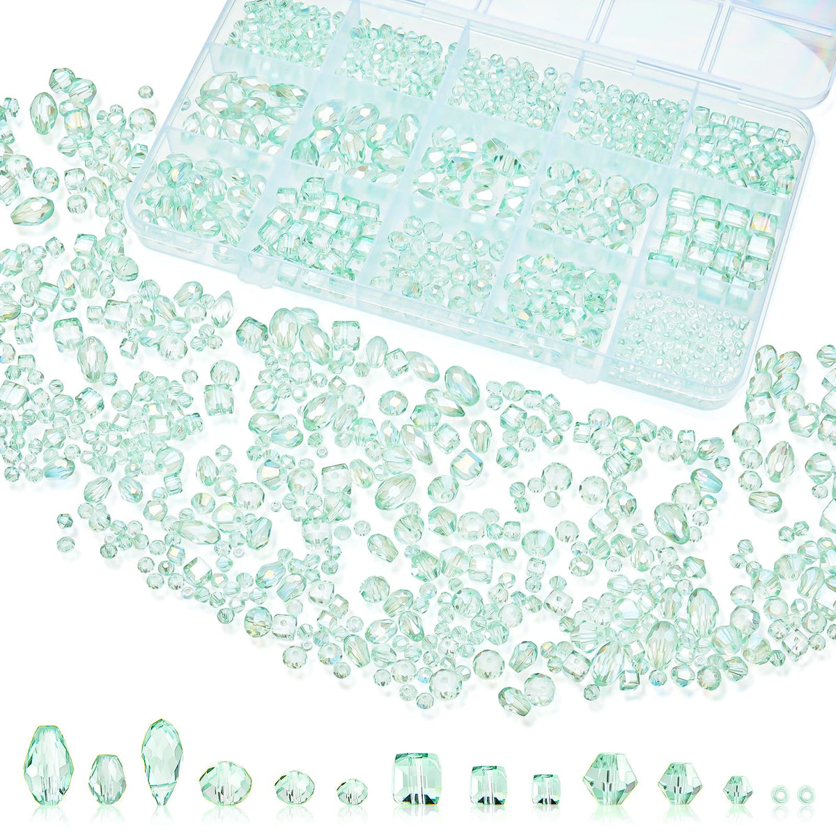 1500 Pcs Crystal Glass Beads for Jewelry Making – 12 Styles Bicone, Rondelle, Cube, Teardrop & 3mm Spacer Beads, DIY Bracelet Necklace Earring Craft Kit with Organizer Box(AB Color)