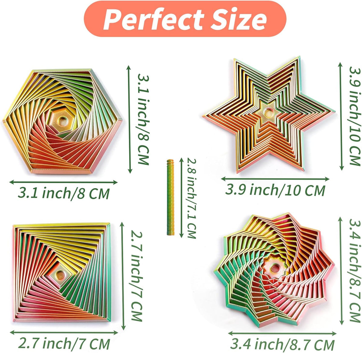 4PCS 3D Printed Fidget Toys for Adults – Multi-Layer Geometric Shapes with Handle, ASMR Clicking Sound, Stress Relief Toy for Anxiety & Focus (Gold, Green, Purple, Rainbow Finish)