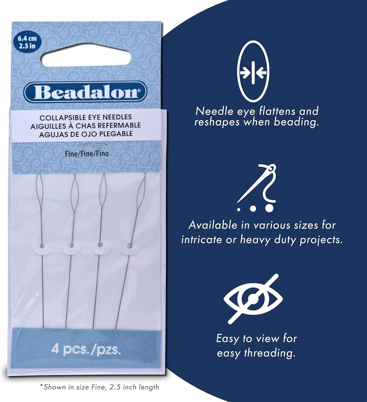 Beadalon Collapsible Eye Beading Needles, Medium 0.36 mm / .014 inches Diameter, 2.5 inches Length, 4 pc