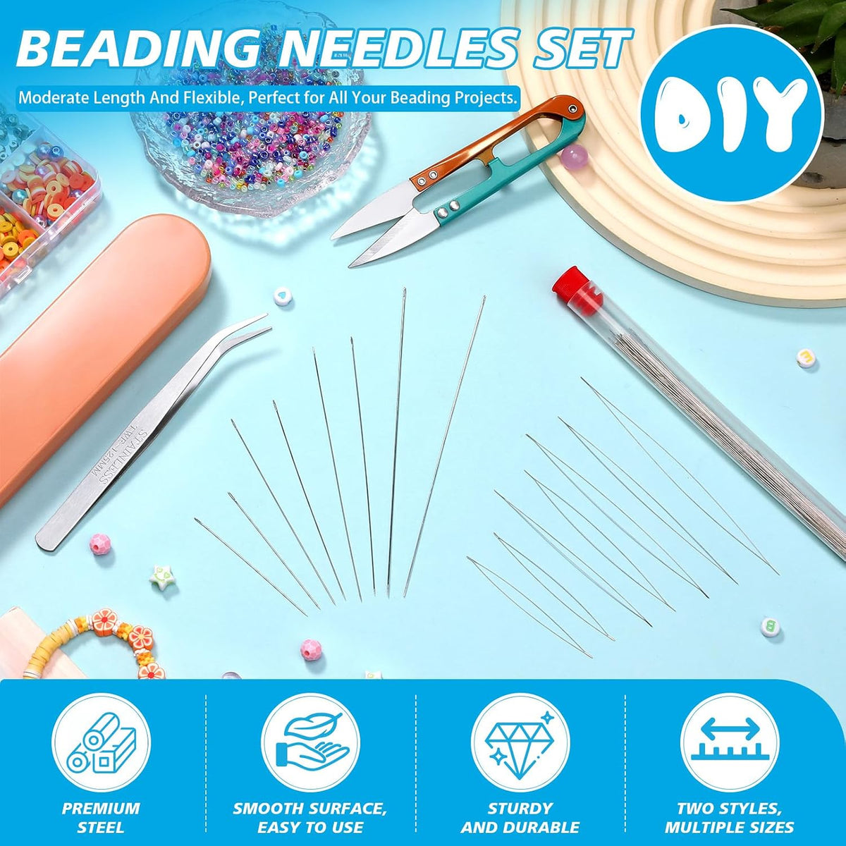 kdafio Big Eye Beading Needles Set, Long Straight Bead Needles