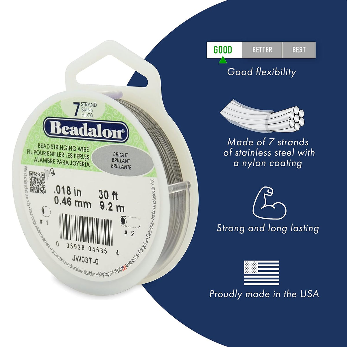 Beadalon 7-Strand Stainless Steel Beading Wire, .015 in / 0.38 mm - Bright