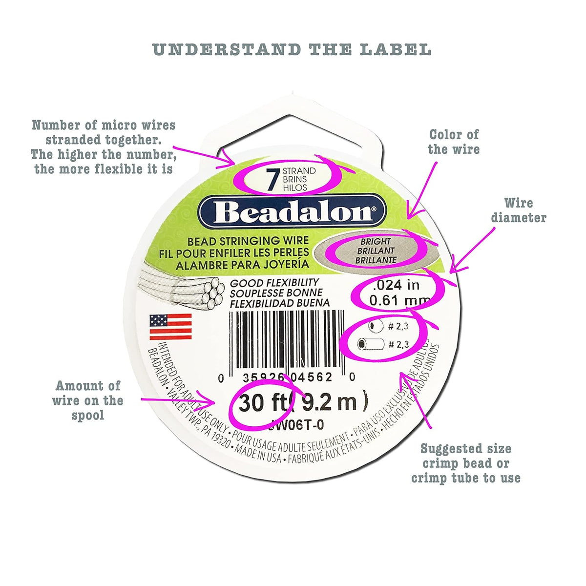 Beadalon 7-Strand Stainless Steel Beading Wire, .015 in / 0.38 mm - Bright