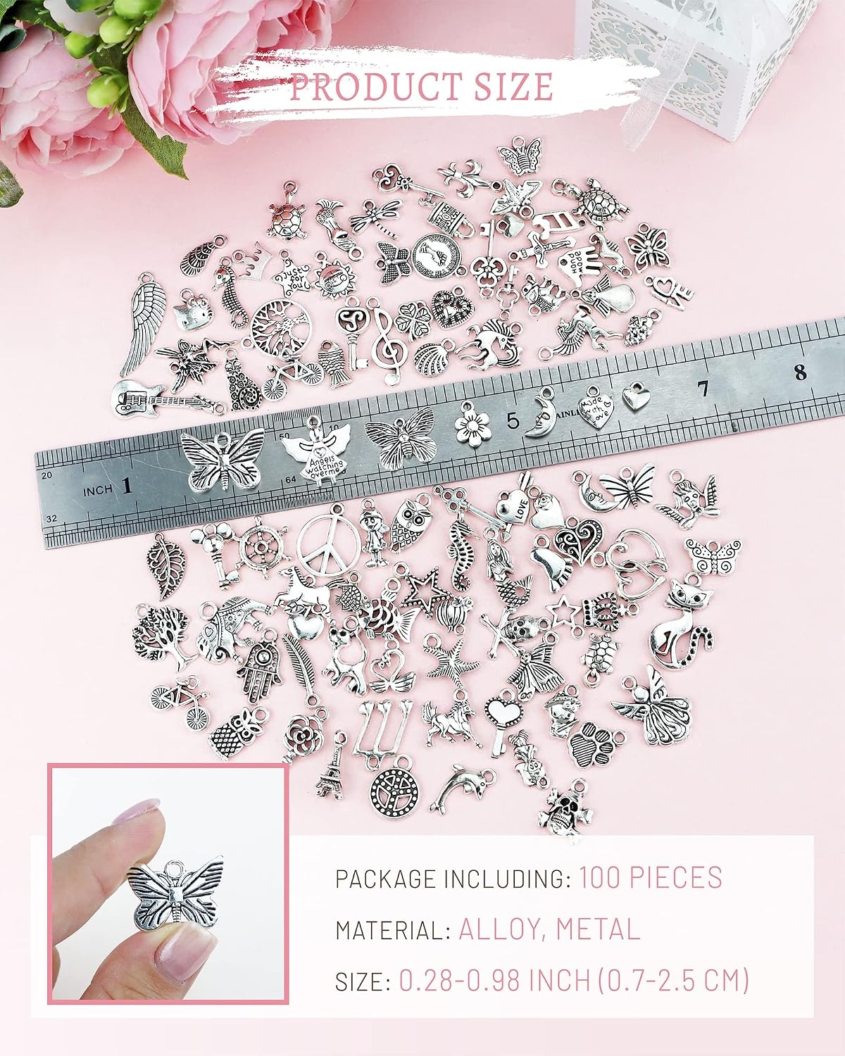 JIALEEY Wholesale Bulk Lots Jewelry Making Silver Charms Mixed Smooth Tibetan Silver Metal Charms Pendants DIY for Necklace Bracelet Jewelry Making and Crafting, 100 PCS