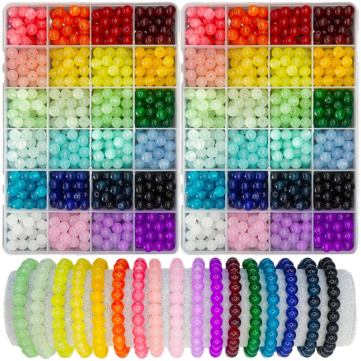 2500PCS 8mm Glass Beads Bracelet Making Kit, 96 Colors Crystal Beads for Jewelry Making, 4 Box Round Beads Suitable for Beginners