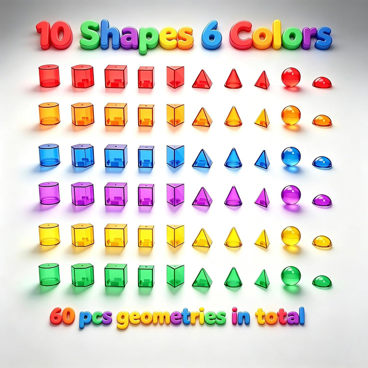 EXBEPE 3D Geometric Solids 60 Pcs for Kids Translucent Geometric Shapes for Geometry Beginnings,Light Table Manipulatives Toy Math Helper School Supplies
