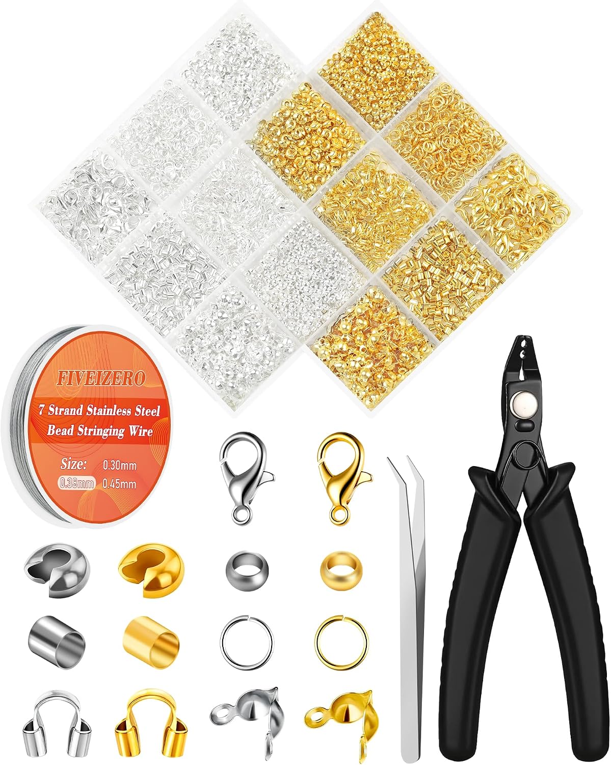FIVEIZERO 1950 Pcs Jewelry Making Cord End Kit,Crimp Tube Beads with Organizer Box,Includes Crimp Beads, Cover, Lobster Clasp,Jump Ring,Wire Guardians,Crimping Pliers & Beading Wire for Bracelets