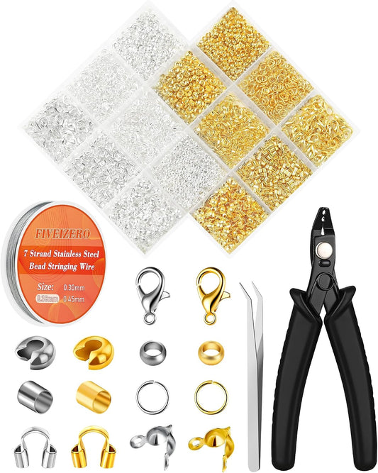 FIVEIZERO 1950 Pcs Jewelry Making Cord End Kit,Crimp Tube Beads with Organizer Box,Includes Crimp Beads, Cover, Lobster Clasp,Jump Ring,Wire Guardians,Crimping Pliers & Beading Wire for Bracelets