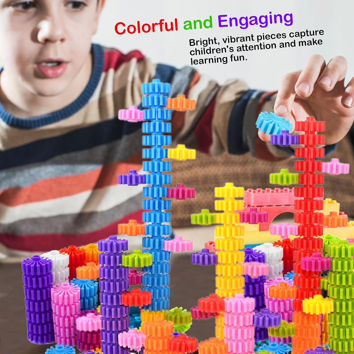 STEM Building Blocks Toys for Kids – Educational and Safe Gear Interlocking Construction Playset – Develop Creativity Preschool Brain Teaser Montessori Toys Gift for 3 4 5 Years Old Kids Boys Girls