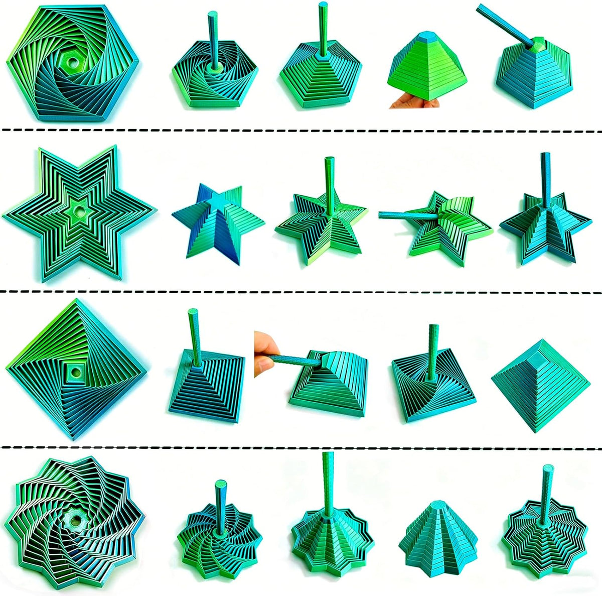 4PCS 3D Printed Fidget Toys for Adults – Multi-Layer Geometric Shapes with Handle, ASMR Clicking Sound, Stress Relief Toy for Anxiety & Focus (Gold+Green+Blue)