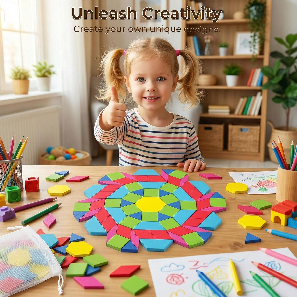 3 Otters 150Pcs Wooden Pattern Blocks Set, Geometric Tangram Shapes