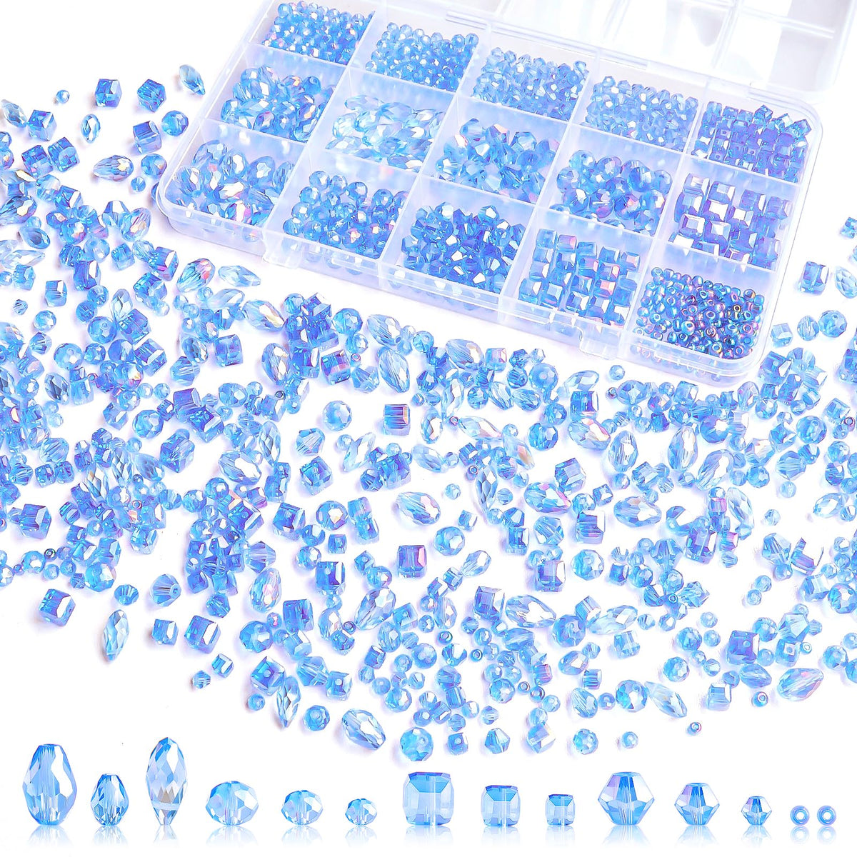 1500 Pcs Crystal Glass Beads for Jewelry Making – 12 Styles Bicone, Rondelle, Cube, Teardrop & 3mm Spacer Beads, DIY Bracelet Necklace Earring Craft Kit with Organizer Box(AB Color)