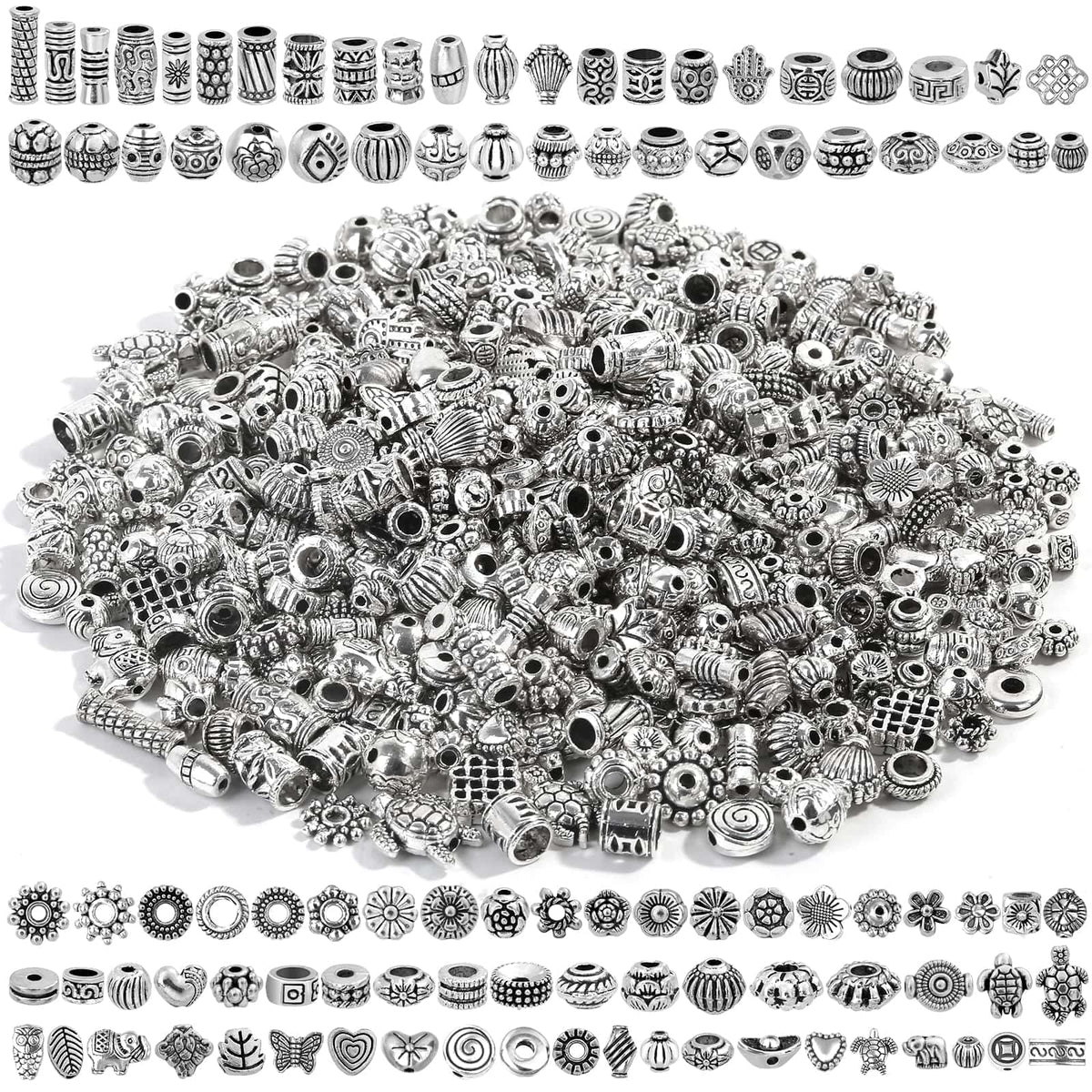 350 Pcs Silver Spacer Beads for Jewelry Making, Mixed Bulk Random Styles Metal Beads for Bracelets, Necklace, Earring Jewelry Making