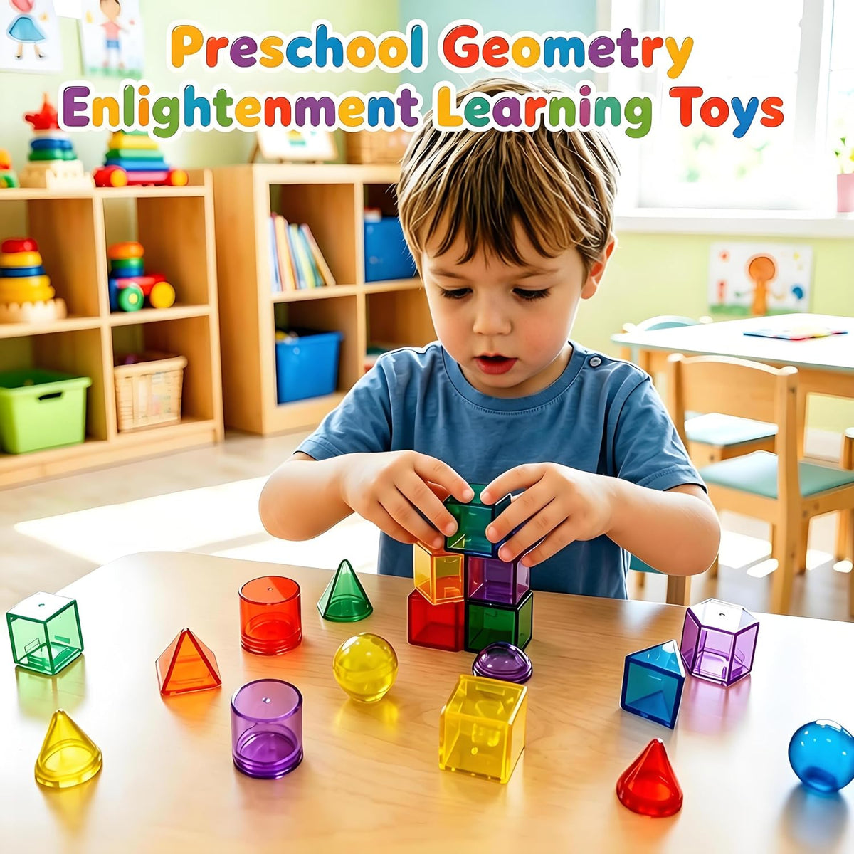EXBEPE 3D Geometric Solids 60 Pcs for Kids Translucent Geometric Shapes for Geometry Beginnings,Light Table Manipulatives Toy Math Helper School Supplies