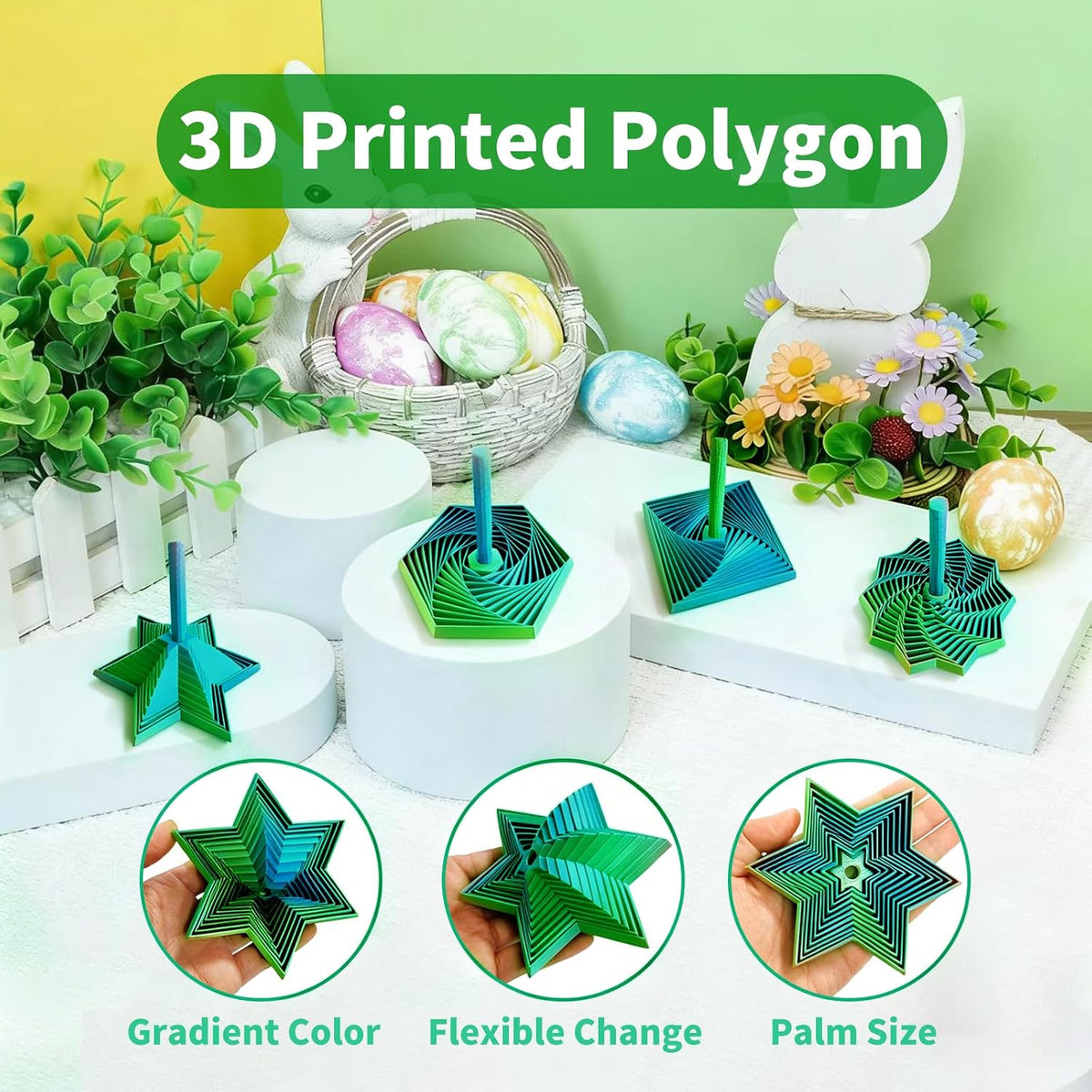 4PCS 3D Printed Fidget Toys for Adults – Multi-Layer Geometric Shapes with Handle, ASMR Clicking Sound, Stress Relief Toy for Anxiety & Focus (Gold+Green+Blue)