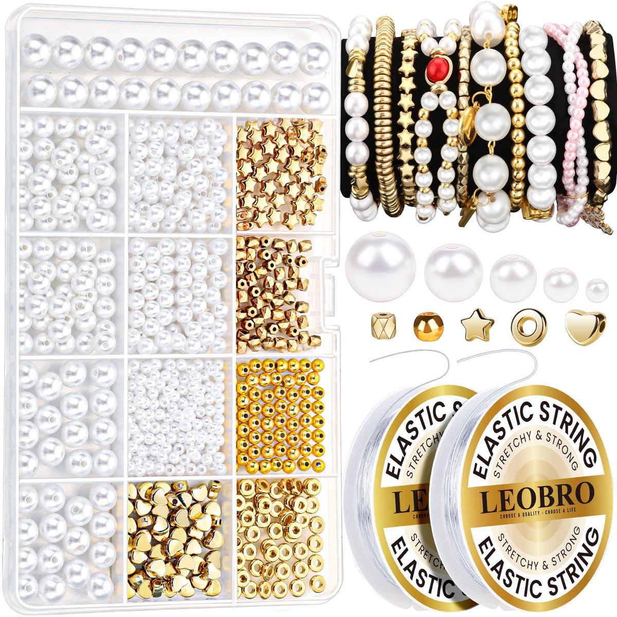 LEOBRO Pearl Beads for Bracelets, 720PCS Bracelet Making Kit for Adult, Bracelet Bead Kits, Small Pearl Beads and Gold Beads for Bracelets, Jewelry Making Kit