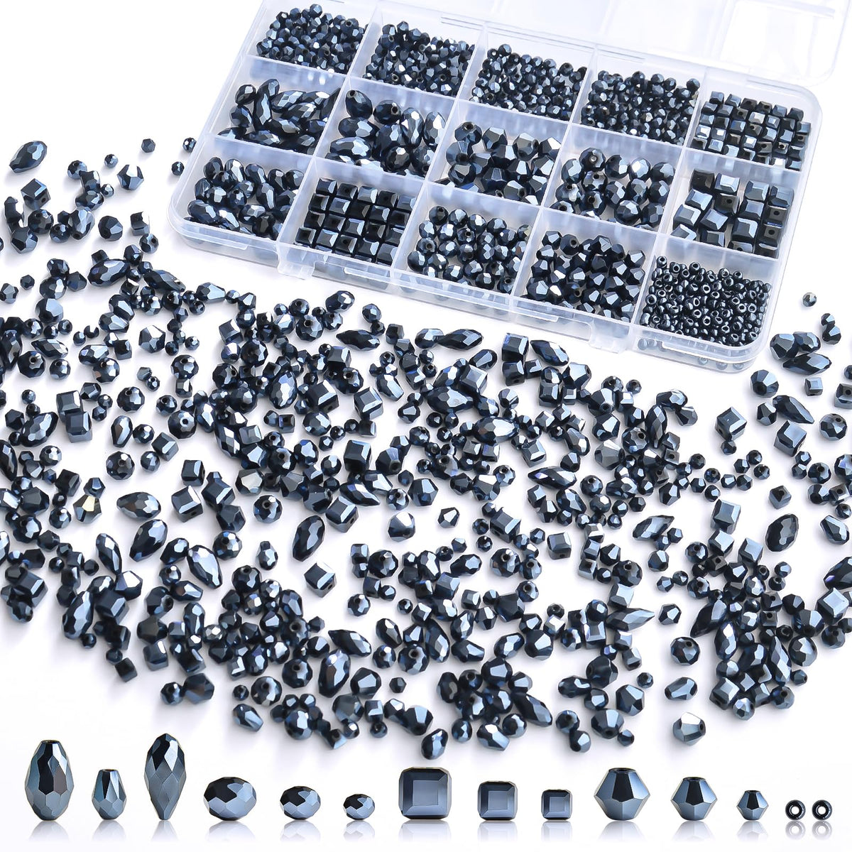 1500 Pcs Crystal Glass Beads for Jewelry Making – 12 Styles Bicone, Rondelle, Cube, Teardrop & 3mm Spacer Beads, DIY Bracelet Necklace Earring Craft Kit with Organizer Box(AB Color)