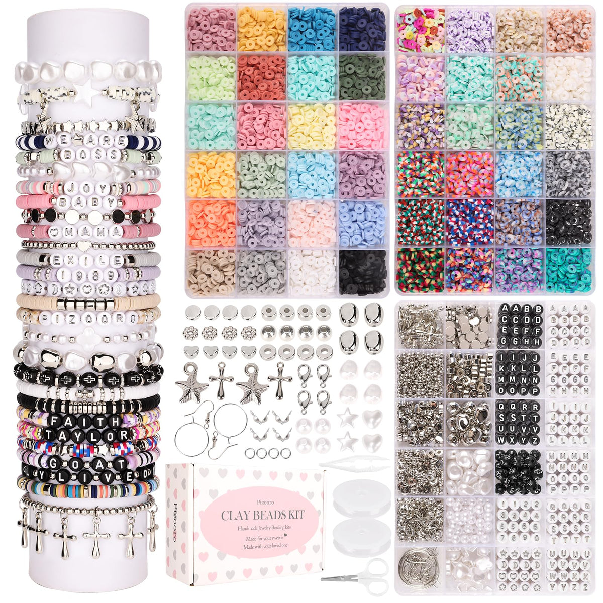 Pizooro Clay Beads 3 Boxes Bracelet Making Kit, 10500pcs Beads for Jewelry Making, Round Letter Beads with Charm and Elastic Strings, Friendship Bracelets Holiday Gifts for Girls Adults