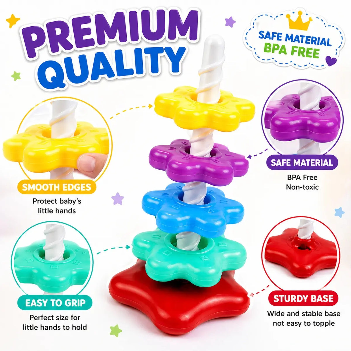1pc Rainbow Rotating Stacking Rings, a fun super spinning tower shape sorter that can train hand-eye coordination, promote brain development, and is a great educational early learning product and Christmas gift