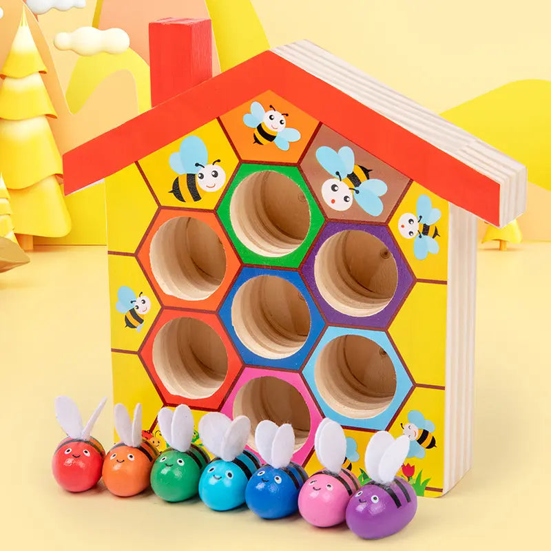 Wooden Montessori Beehive Game Toy for Kids, Early Educational Color Recognition Toy with Clamping Bees