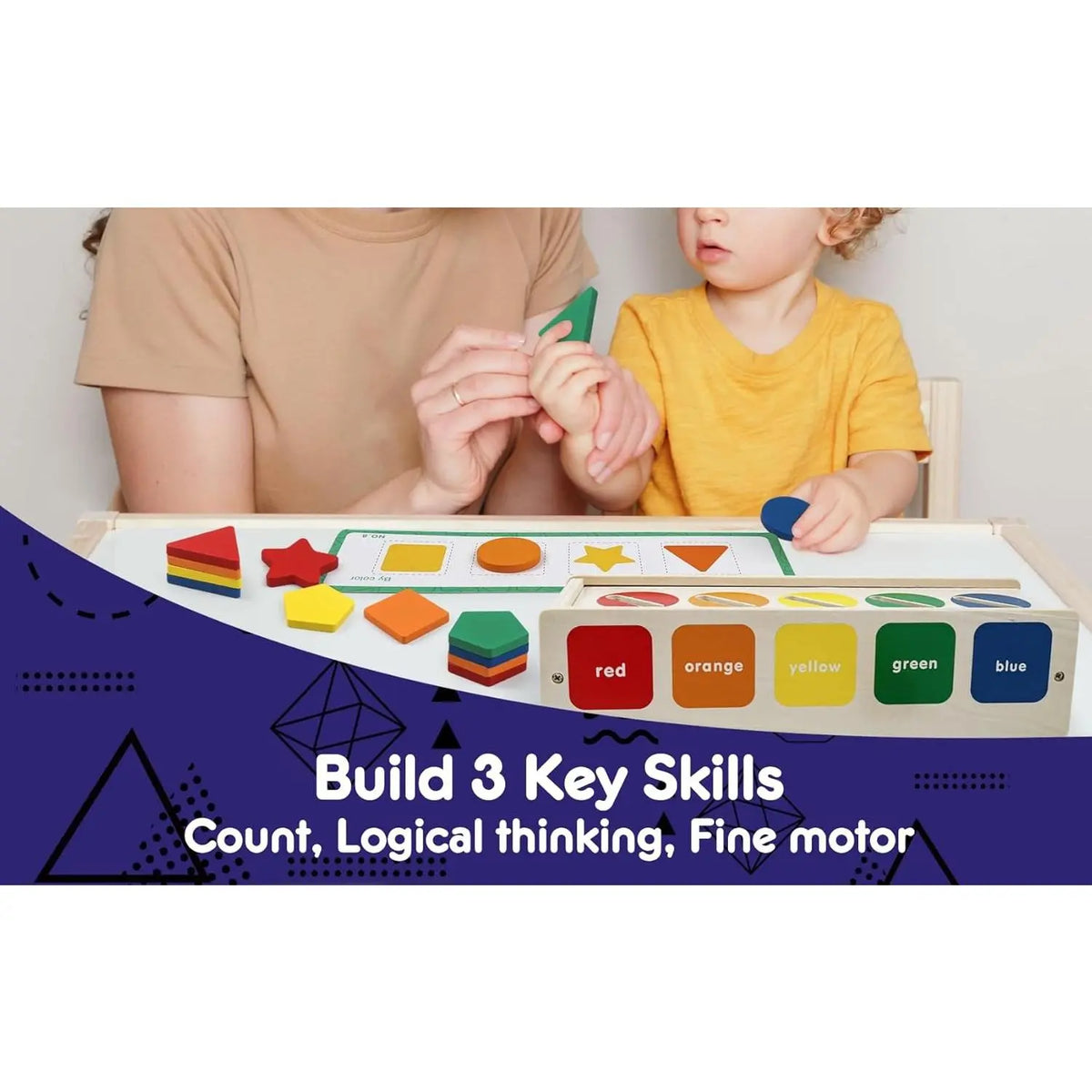 P-ITC095 Solid Wood Unisex Montessori 2-in-1 Shape Sorter Toy, 25 Pieces Kids Learning Materials, Fine Motor Game for 2-5 Year Olds, Teaches Basic Geometric Math Concepts, Boosts Development, Class Activity Gift
