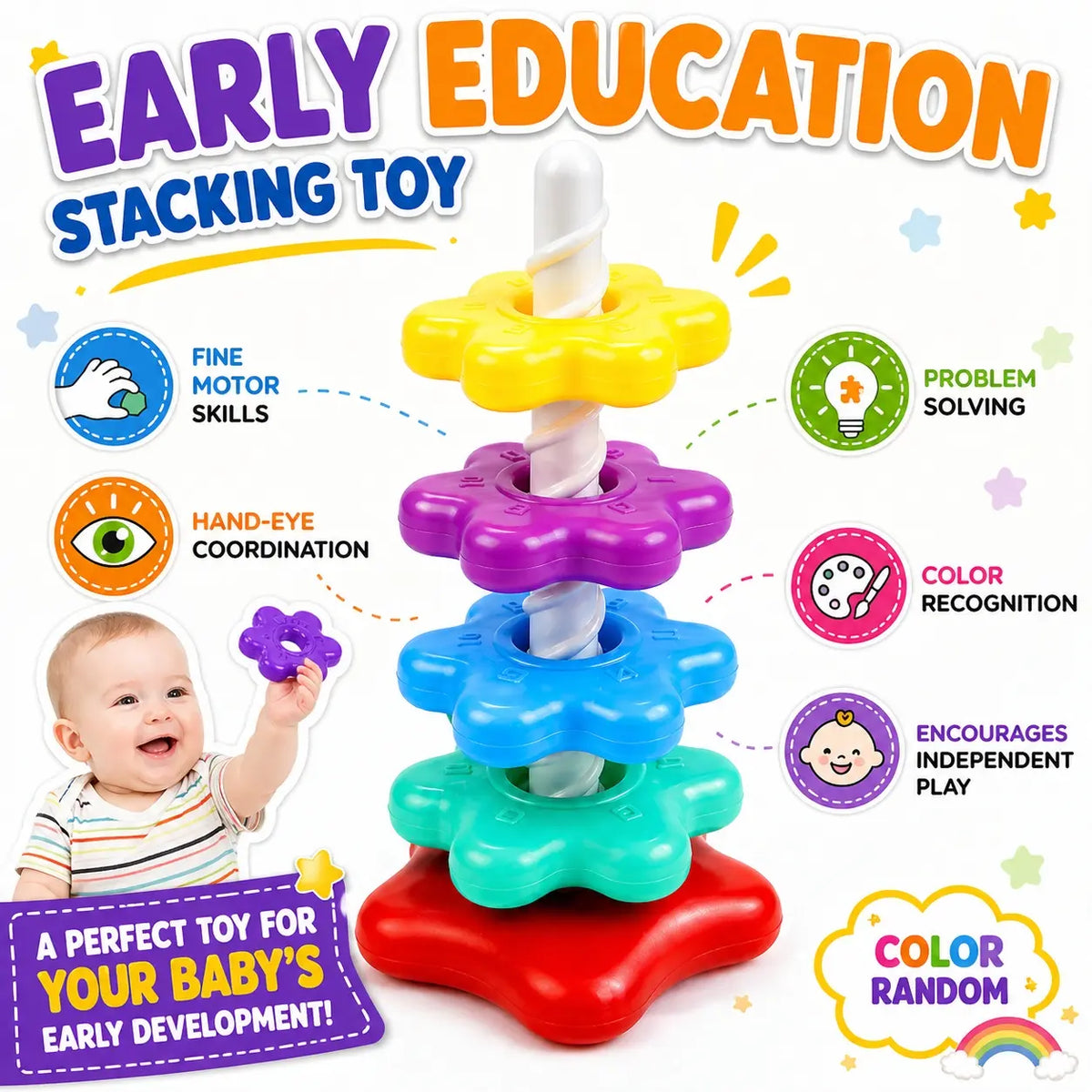1pc Rainbow Rotating Stacking Rings, a fun super spinning tower shape sorter that can train hand-eye coordination, promote brain development, and is a great educational early learning product and Christmas gift