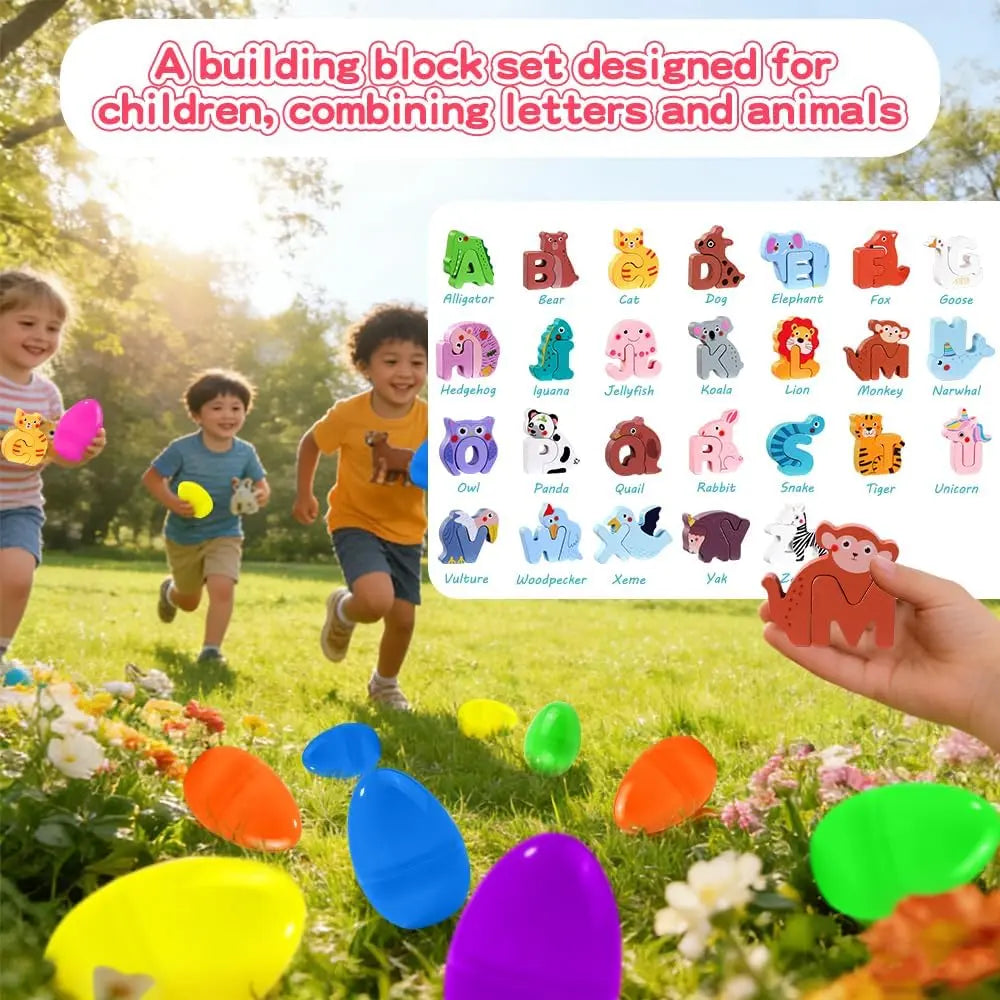 26 Pack Prefilled Easter Eggs with Animal Alphabet Wooden Puzzles – ABC Learning Toys, Easter Egg Fillers, Easter Basket Stuffers for Toddlers & Kids