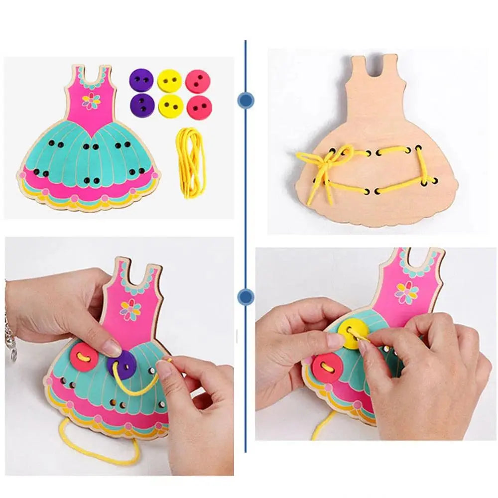 Wooden Montessori DIY Handmade Wear Stitching Button Beads Lacing Threading Board Toys for Girls Kids Early Learning Materials