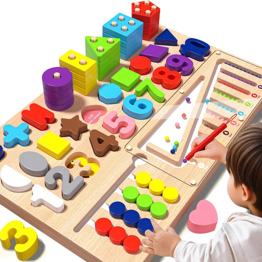 Wooden Multifunctional Intelligence Toddler Busy Board Toy, Geometric Peg Puzzle, Shape Sorter, Number Color Recognition, Montessori Educational Gift for Kids