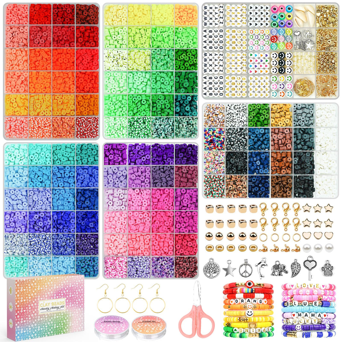 20,000 Pcs Clay Beads Bracelet Making Kit, 120 Colors 6 Boxes Polymer Beads Spacer Heishi Beads & Jewelry Kit with Pendant Charms Elastic Strings, Crafts Gift for Kids Adults