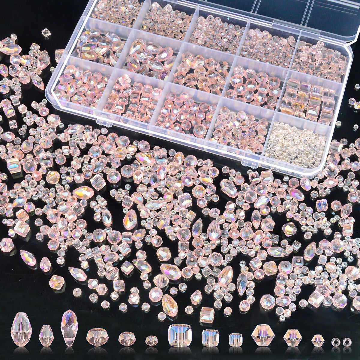 1500 Pcs Crystal Glass Beads for Jewelry Making – 12 Styles Bicone, Rondelle, Cube, Teardrop & 3mm Spacer Beads, DIY Bracelet Necklace Earring Craft Kit with Organizer Box(AB Color)