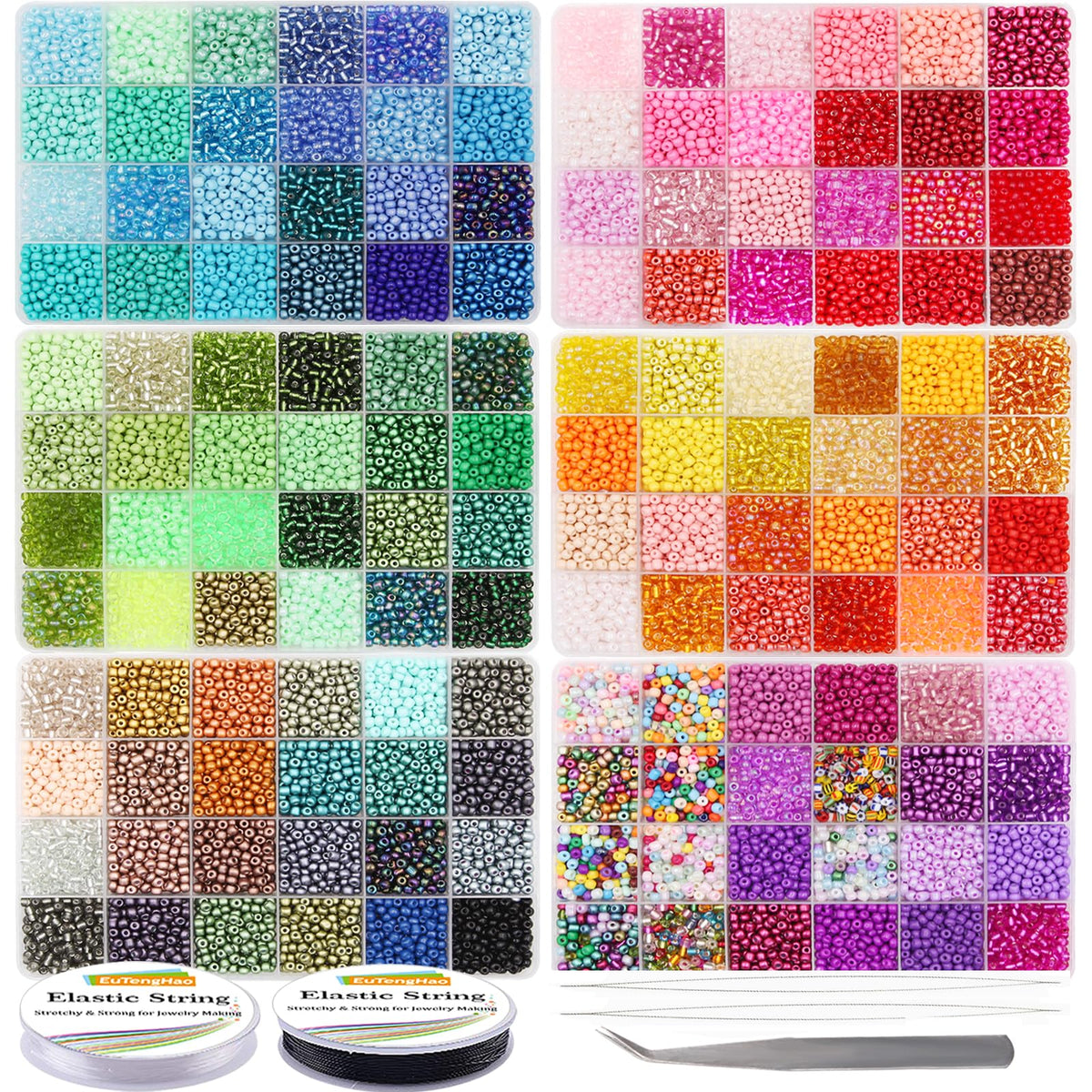 EuTengHao 57600pcs 2mm Glass Seed Beads Small Craft Beads for DIY Bracelet Necklaces Crafting Jewelry Making Supplies with Beading Needles Elastic Strings (144 Colors, 400Pcs Per Color)