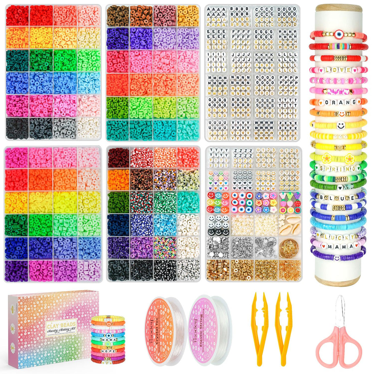20,000 Pcs Clay Beads Bracelet Making Kit, 120 Colors 6 Boxes Polymer Beads Spacer Heishi Beads & Jewelry Kit with Pendant Charms Elastic Strings, Crafts Gift for Kids Adults