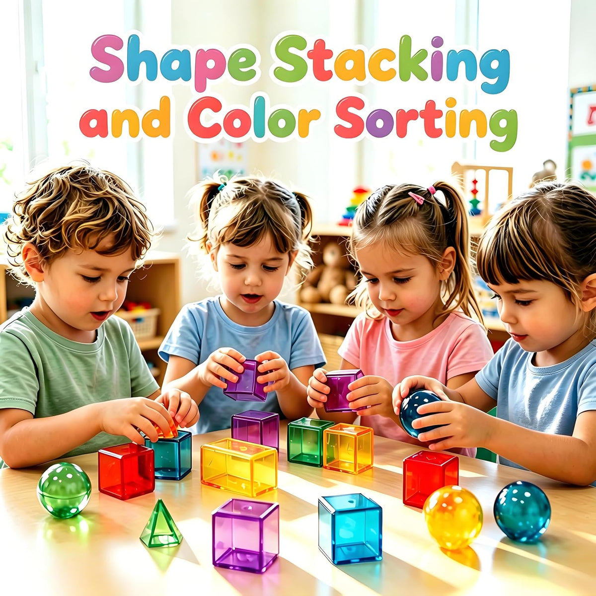 EXBEPE 3D Geometric Solids 60 Pcs for Kids Translucent Geometric Shapes for Geometry Beginnings,Light Table Manipulatives Toy Math Helper School Supplies