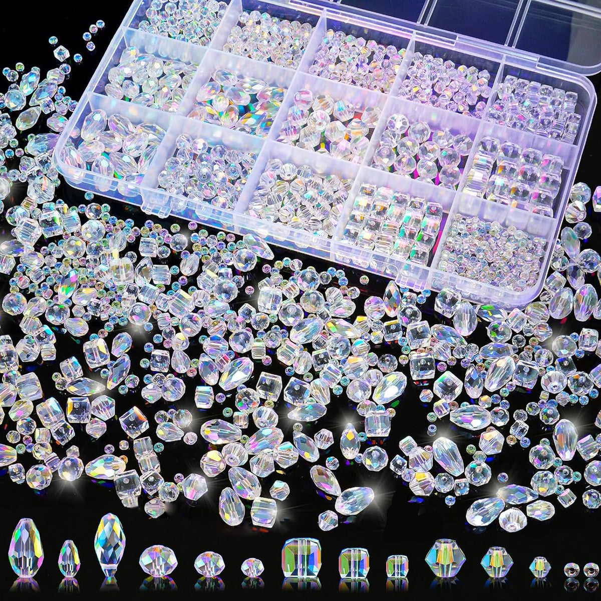1500 Pcs Crystal Glass Beads for Jewelry Making – 12 Styles Bicone, Rondelle, Cube, Teardrop & 3mm Spacer Beads, DIY Bracelet Necklace Earring Craft Kit with Organizer Box(AB Color)