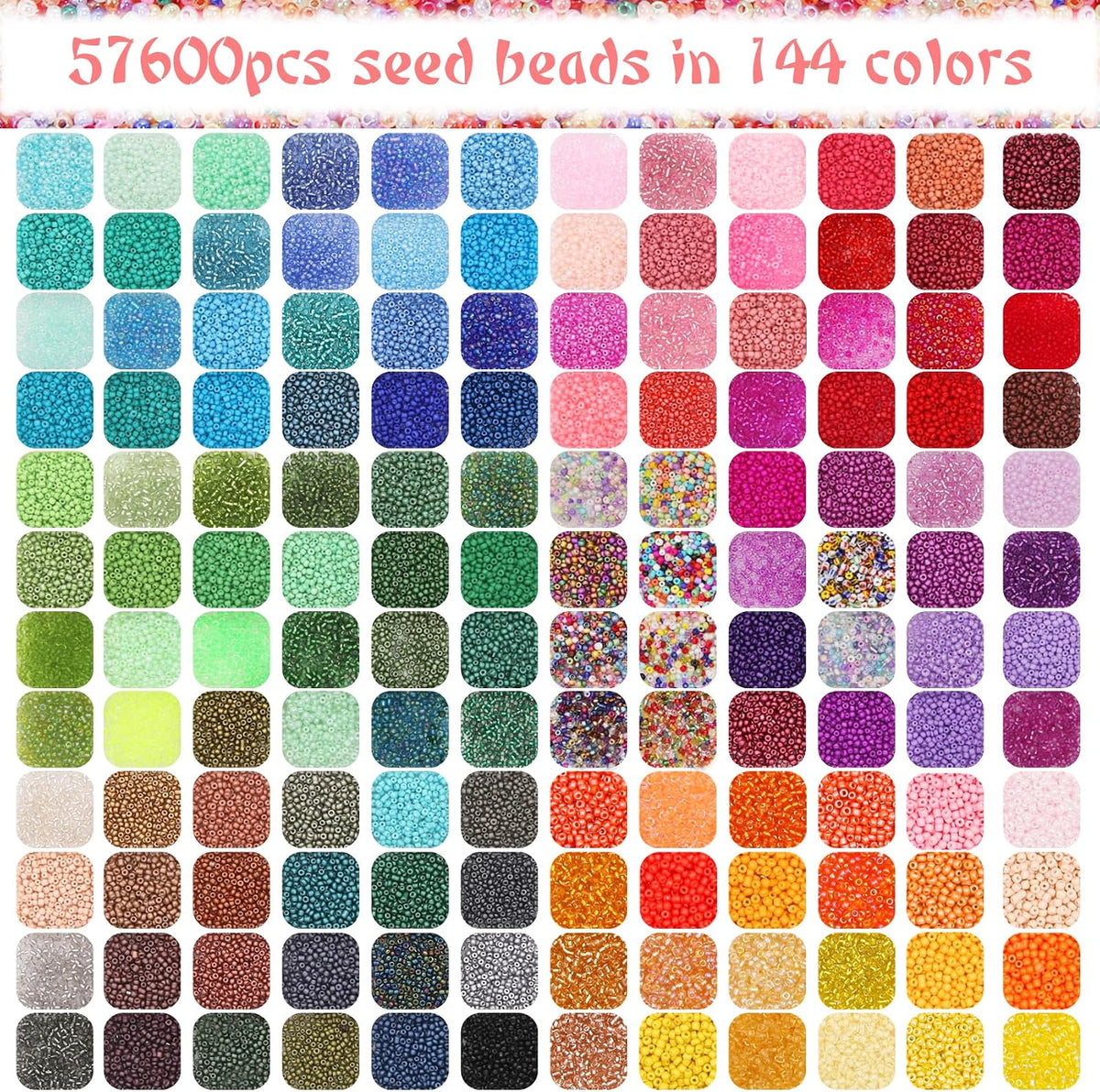 EuTengHao 57600pcs 2mm Glass Seed Beads Small Craft Beads for DIY Bracelet Necklaces Crafting Jewelry Making Supplies with Beading Needles Elastic Strings (144 Colors, 400Pcs Per Color)