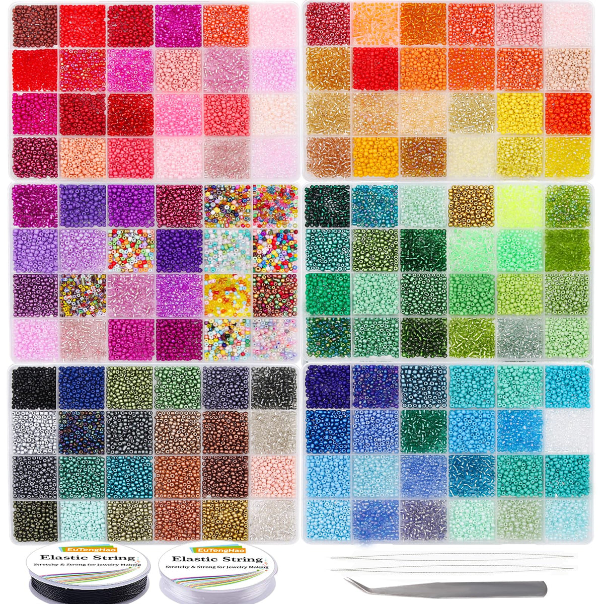 EuTengHao 57600pcs 2mm Glass Seed Beads Small Craft Beads for DIY Bracelet Necklaces Crafting Jewelry Making Supplies with Beading Needles Elastic Strings (144 Colors, 400Pcs Per Color)