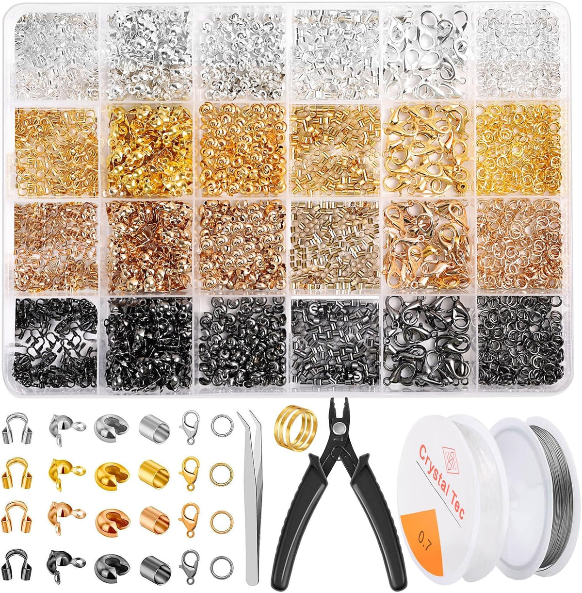 Acejoz 2165 Pcs Crimp Beads for Jewelry Making, Incliding Crimp Bead Covers, Crimp Tubes, Knot Covers, Jump Rings,Wire Guardians, Crimping Pliers, Elastic String for Bracelets Necklaces Making