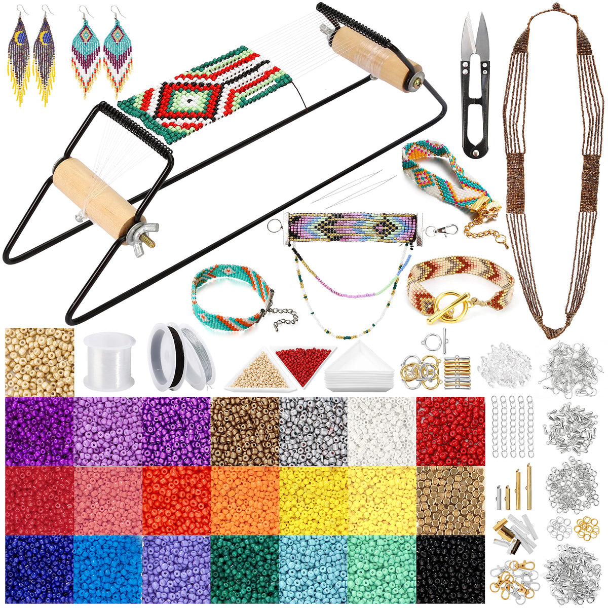 PP OPOUNT Bead Loom Kit, Beading Supplies with 9700 PCS Seed Beads, Tray, Scissors Making Accessories, Beading Loom Kits for Adults Jewelry Making Bracelets Belts