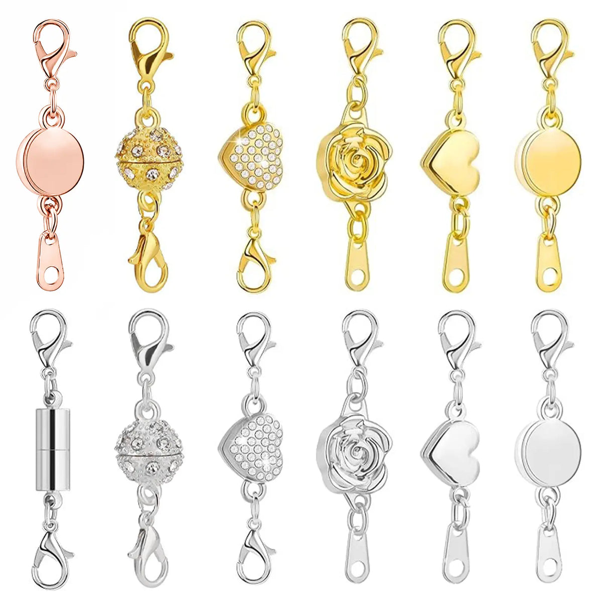 Women's 12pcs Magnetic Necklace Clasps & Closures Clasp Set (7 Styles, 3 Colors) - Strong Grip Jewelry Extender, Gold/Silver/Rose Gold Plated, Crafted from Stainless Steel, Fits Any Necklaces, Ideal for Beading & Jewelry Making DIY Supplies