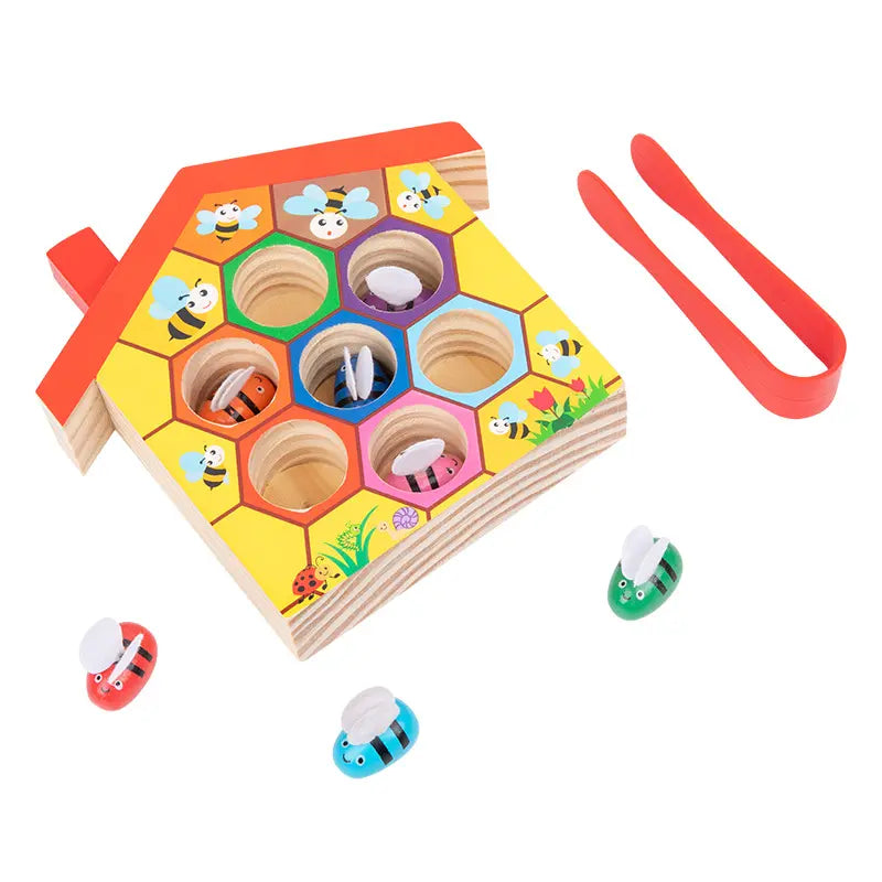 Wooden Montessori Beehive Game Toy for Kids, Early Educational Color Recognition Toy with Clamping Bees