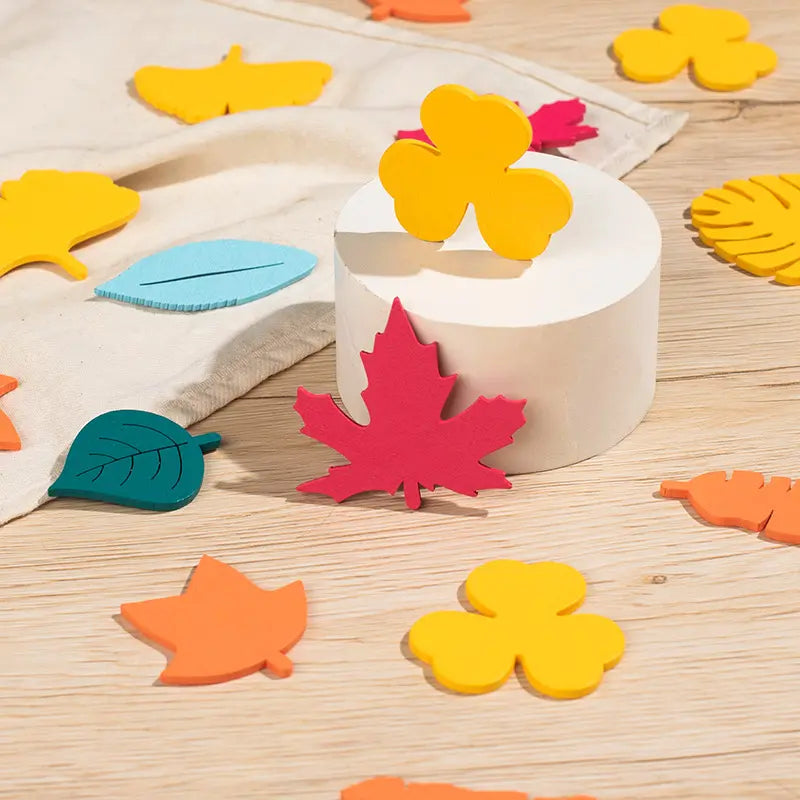 Wooden Leaf Shape Building Blocks - 27 Artificial Leaves, 0.1kg, 17*14*2.5cm Early Childhood Educational Toy for 4-6 Years Old Kindergarten Kids, Leaf Shapes, Children Development, CPC CE, LY-234
